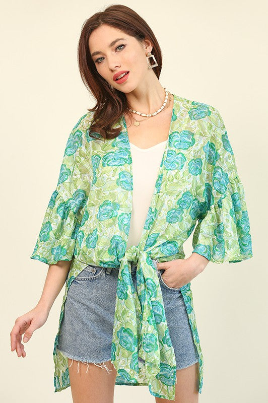 Green Floral Jacquard and Side Slit Kimono Cardigan